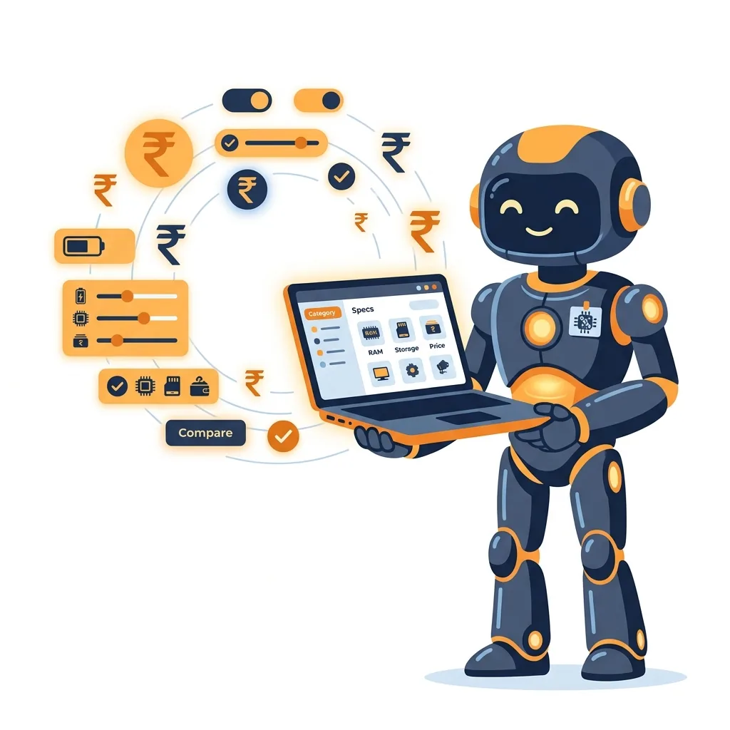 AI Laptop Finder tool illustration — robot recommending laptops by budget and use case in India