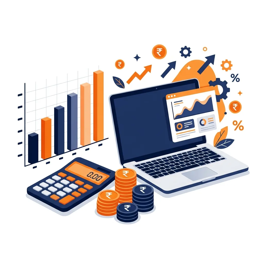 Laptop EMI calculator illustration showing rupee coins, bar chart and monthly payment schedule