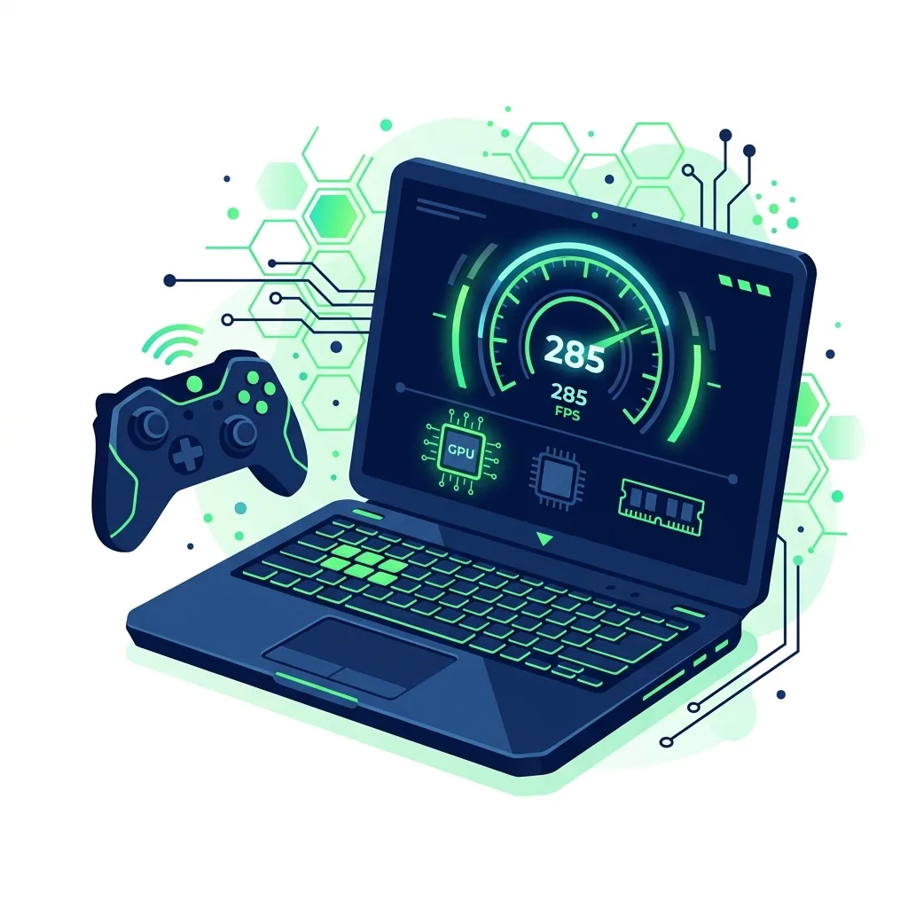 Gaming laptop FPS estimator illustration showing speedometer gauge with RTX GPU and controller